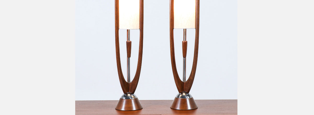 John Keal Sculpted Walnut & Chrome Table Lamps for Modeline