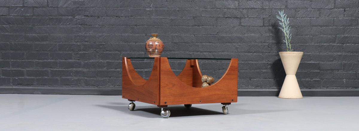 H.W. Klein Rolling Teak Coffee Table w/ Floating Glass Top for Bramin