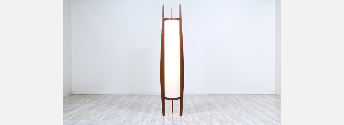 California Modern Sculpted Walnut Floor Lamp with New Linen Shade by Modeline