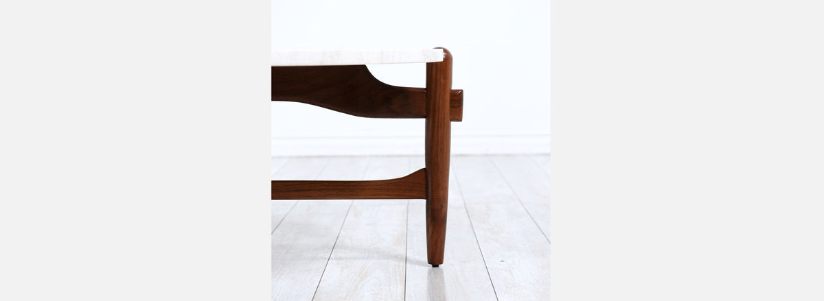 Merton L. Gershun Sculpted Walnut & Travertine Stone Coffee Table for American of Martinsville