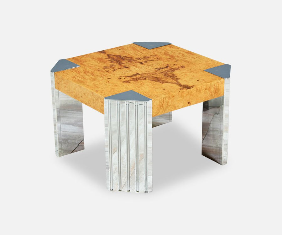 Mid-Century Olive Burl Wood & Chrome Side Table