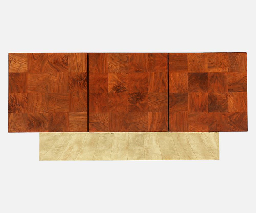 Milo Baughman Burl Walnut Credenza Raised on Brass Plinth for Thayer Coggin