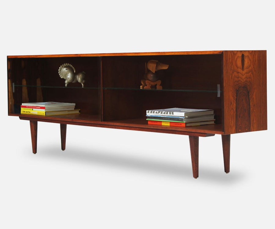 Danish Modern Low-Profile Rosewood Bookcase with Glass Doors