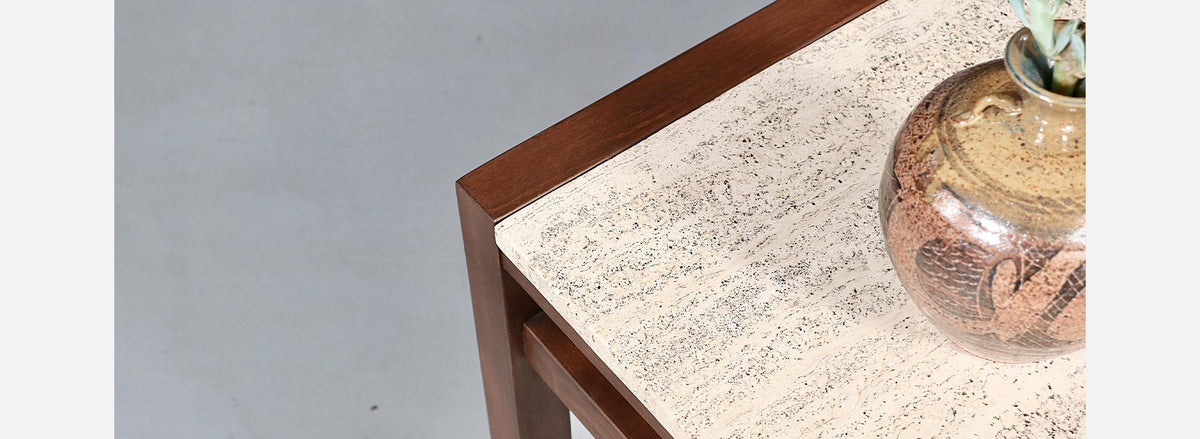 Pair of Californian Modern Travertine Top Side Tables