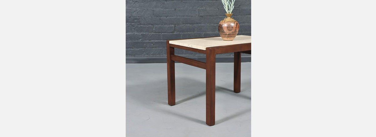Pair of Californian Modern Travertine Top Side Tables