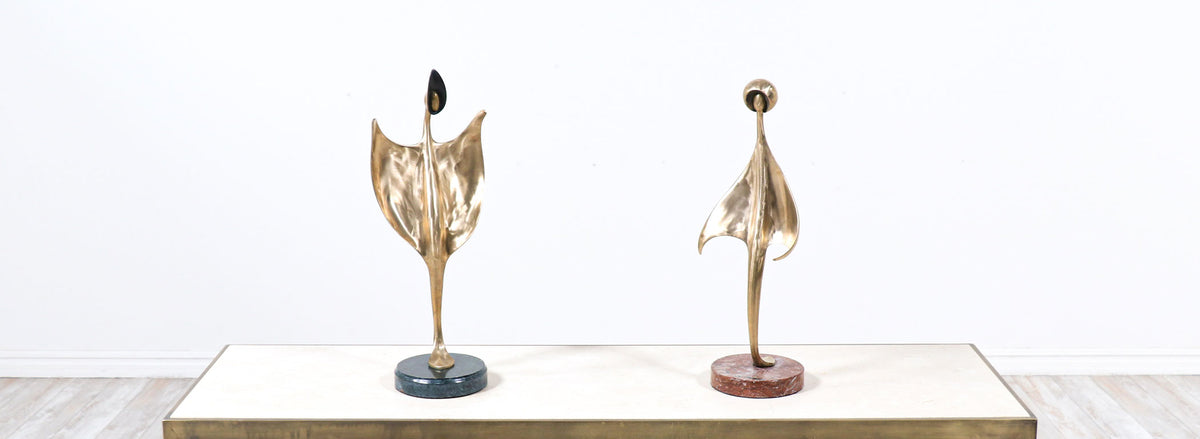 Mid-Century Modern Abstract Brass Sculpture with Pink Marble Base