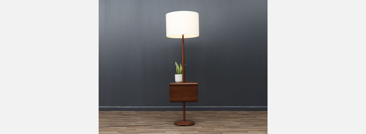 Laurel Sculpted Walnut Floor Lamp with Magazine Holder