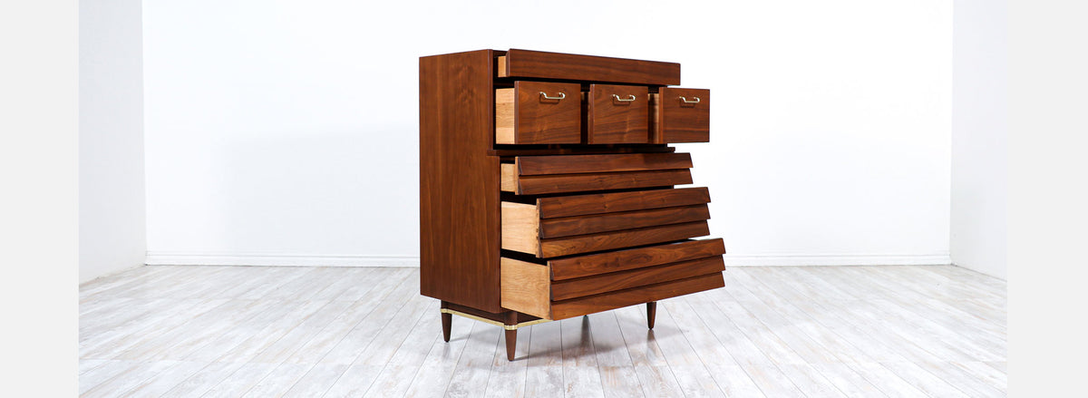 Merton L. Gershun Walnut Chest of Drawers with Brass Accents for American of Martinsville