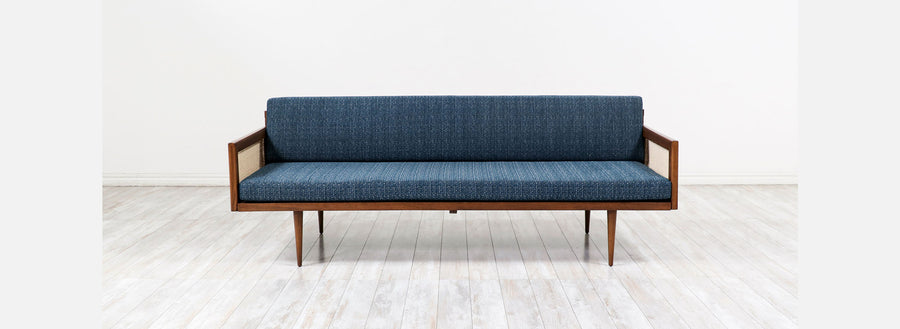 Mid-Century Modern Walnut & Cane Daybed Sofa