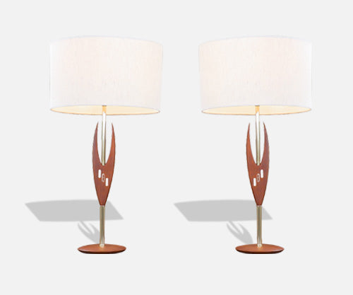 Mid Century Sculpted Walnut & Inlaid Tile Table Lamps 