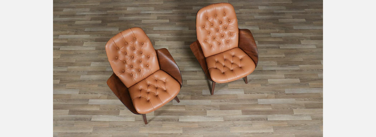 George Mulhauser Tufted Leather & Walnut Lounge Chairs for Plycraft