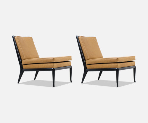 T.H. Robsjohn-Gibbings Leather & Ebonized Wood Slipper Lounge Chairs for Widdicomb