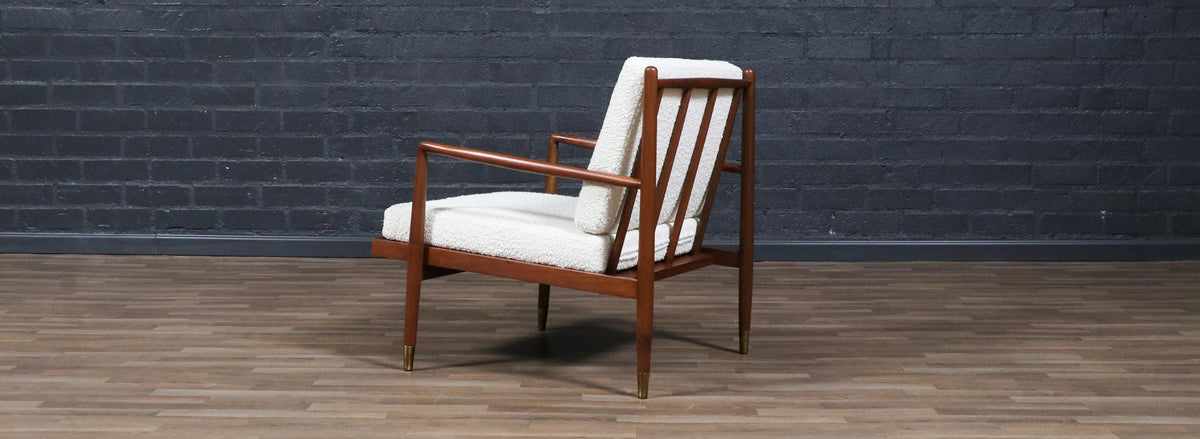 Mid-Century Modern Sculpted Walnut Lounge Chair w/ Brass Sabots