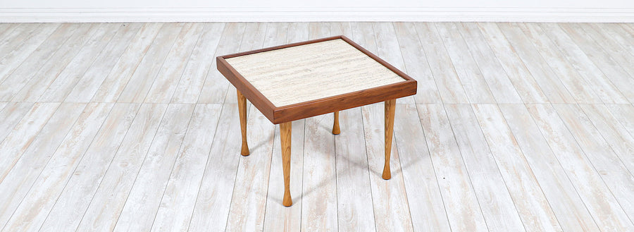 Mid-Century Modern Oak & Walnut Side Table with Travertine Stone