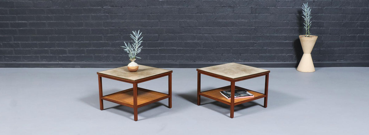 Paul McCobb Leather Top Side Tables w/ Cane Shelves for Calvin Furniture