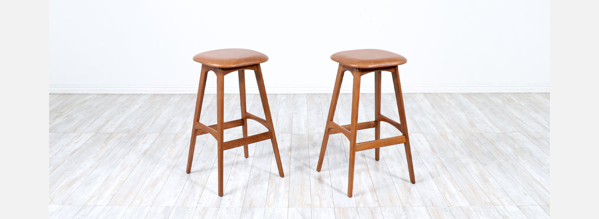 Pair of Erik Buch Teak & Tan Leather Bar Stools
