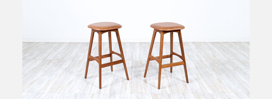 Pair of Erik Buch Teak & Tan Leather Bar Stools