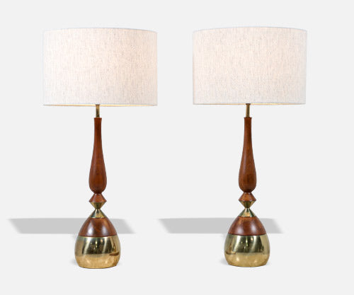 Tony Paul Sculpted Walnut & Brass Table Lamps for Westwood Industries 