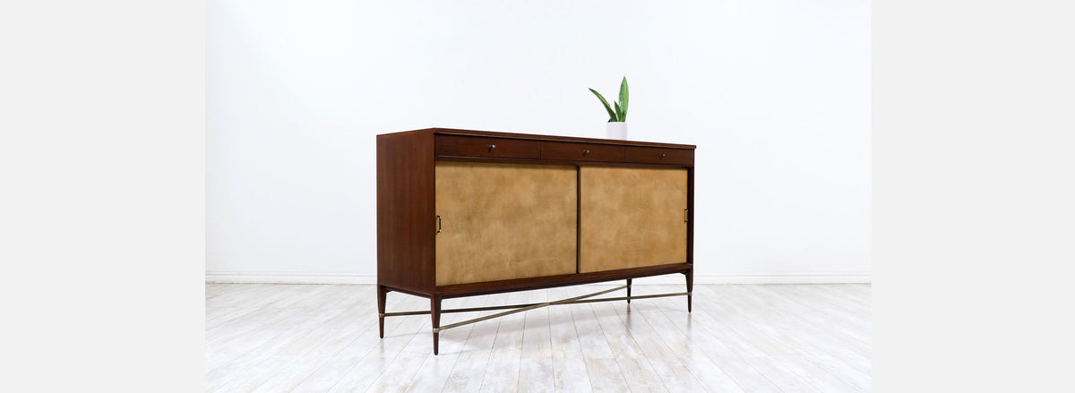 Paul McCobb "Irwin Collection" Credenza with Leather Doors & Brass Accents for Calvin Furniture