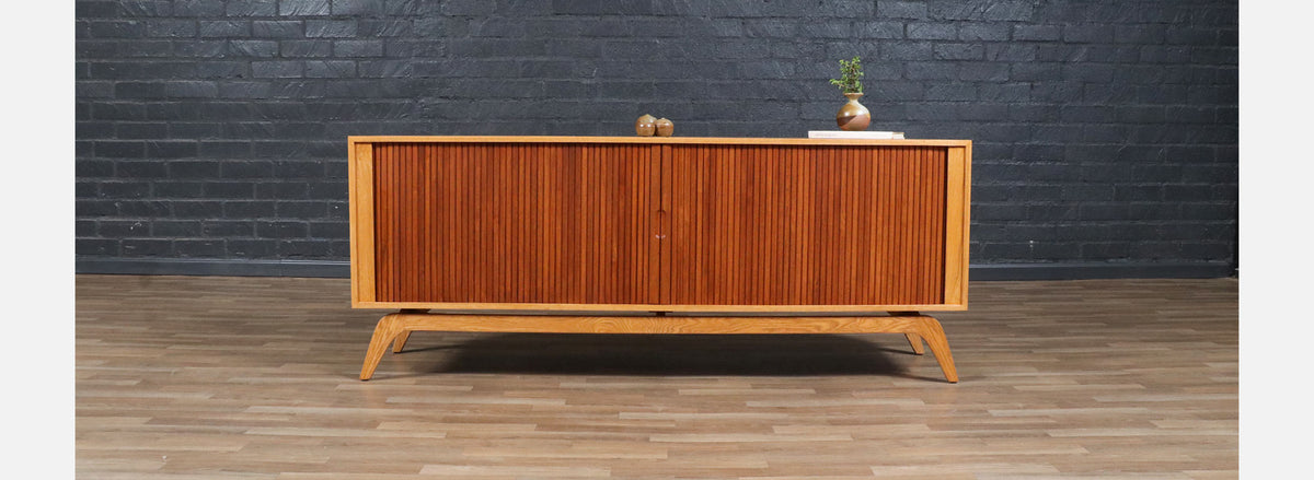 Custom Made Teak & Oak Tambour-Door Credenza by Danish Modern LA