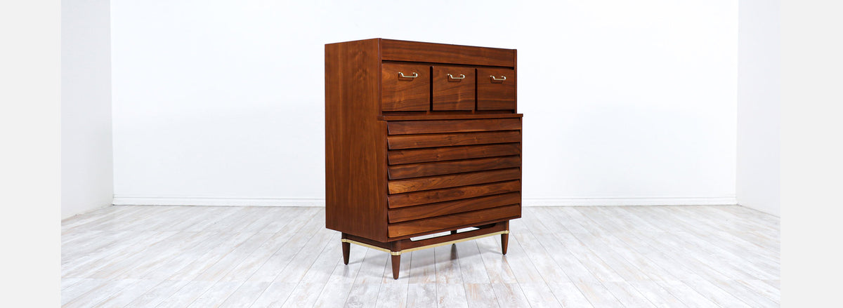 Merton L. Gershun Walnut Chest of Drawers with Brass Accents for American of Martinsville