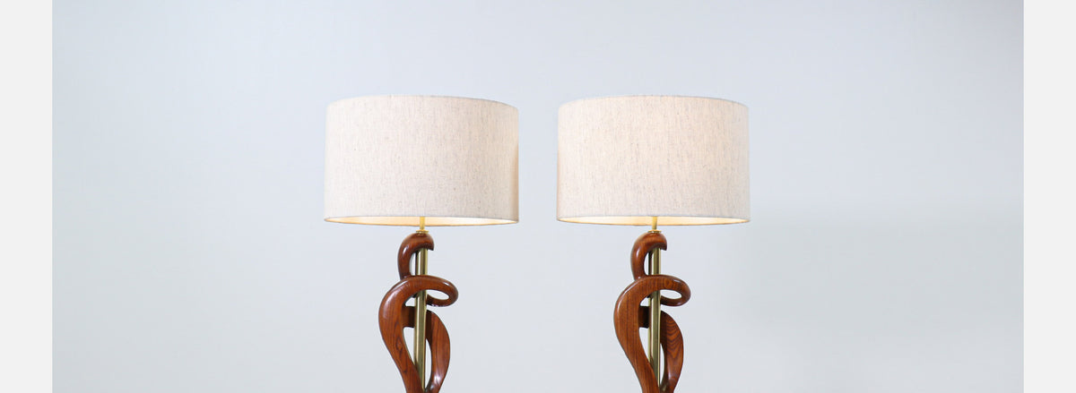 Mid-Century Modern Sculpted Wood & Brass Table Lamps by Light House Co.
