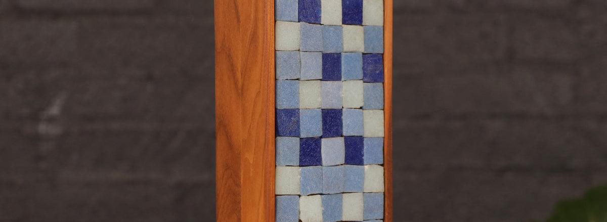 Mid-Century Modern Sculpted Walnut Table Lamp w/ Blue Mosaic Tiles