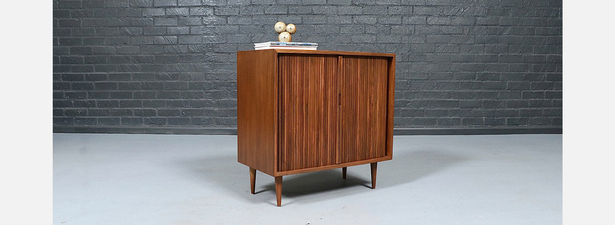 Milo Baughman Walnut Tambour Door Cabinet for Glenn of CA