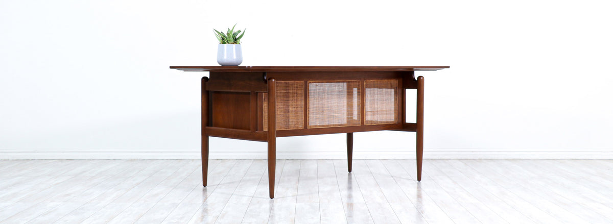 Finn Juhl Executive Walnut Desk with Caning for Baker Furniture