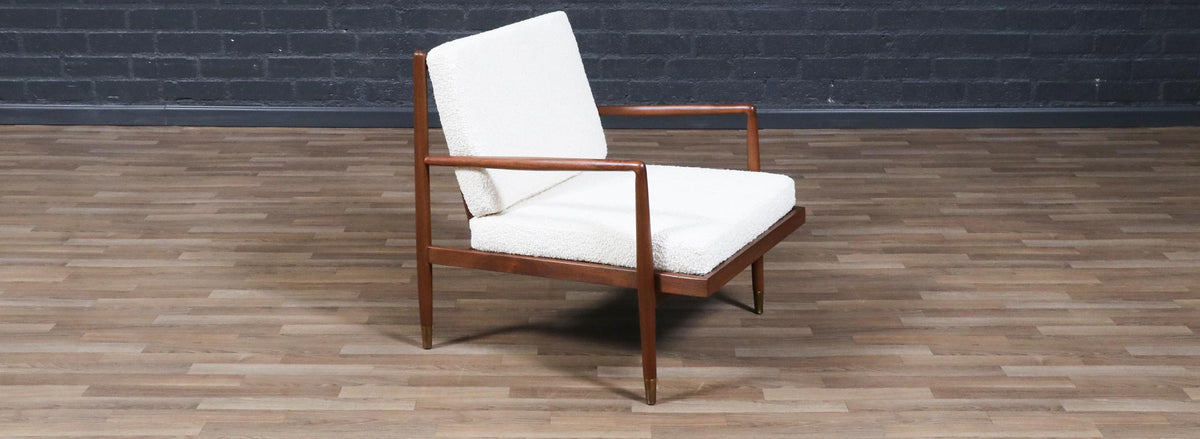 Mid-Century Modern Sculpted Walnut Lounge Chair w/ Brass Sabots