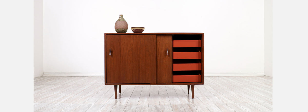 Stanley Young Walnut Credenza with Lacquered Drawers for Glenn of California