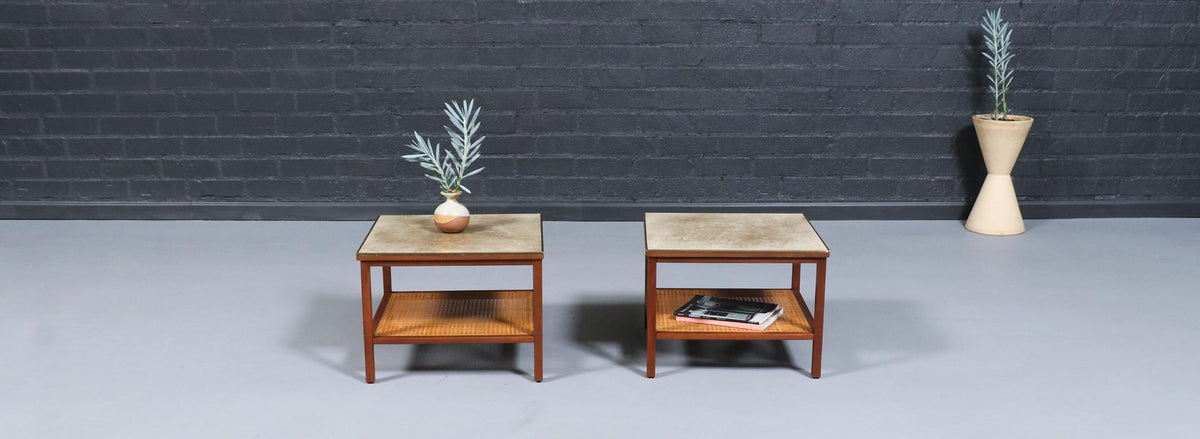 Paul McCobb Leather Top Side Tables w/ Cane Shelves for Calvin Furniture