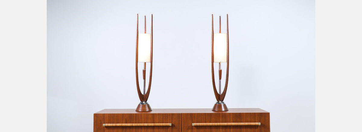 John Keal Sculpted Walnut & Chrome Table Lamps for Modeline