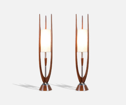 John Keal Sculpted Walnut & Chrome Table Lamps for Modeline