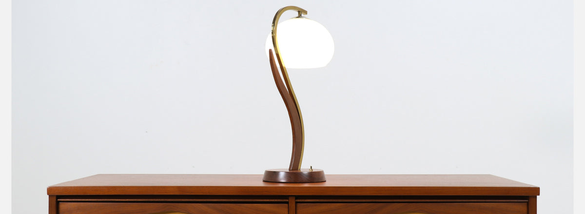 Mid-Century Modern Walnut & Brass Accent Table Lamp