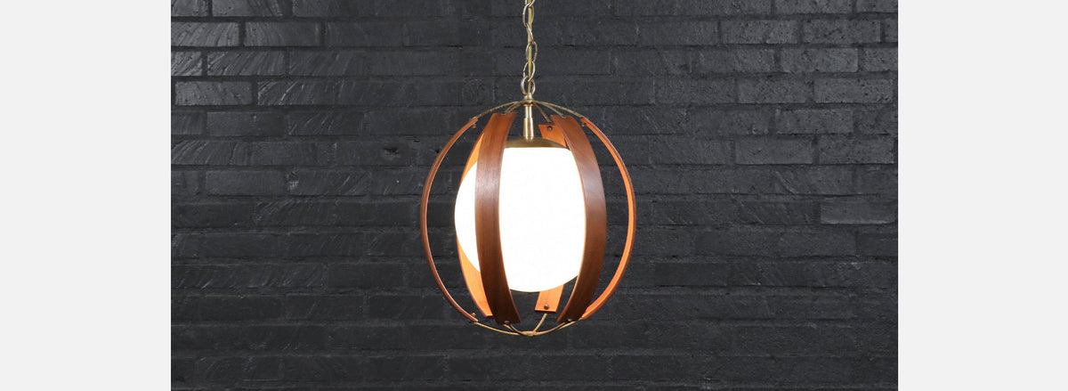 Mid-Century Modern Walnut & Brass Orb Pendant Chandelier 