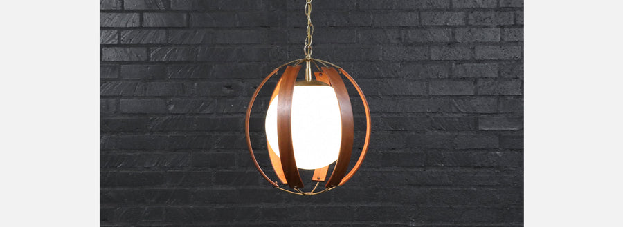 Mid-Century Modern Walnut & Brass Orb Pendant Chandelier 