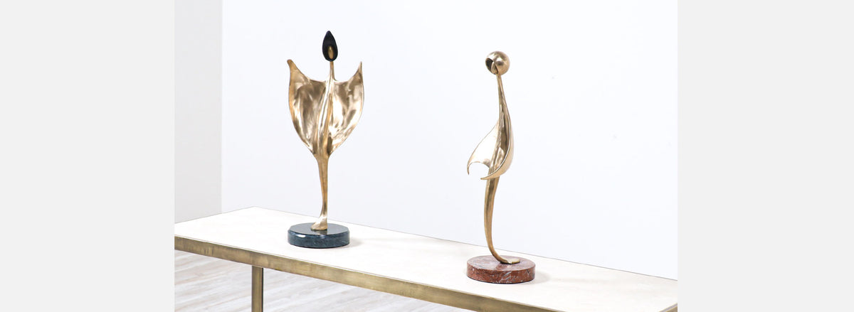 Mid-Century Modern Abstract Brass Sculpture with Pink Marble Base