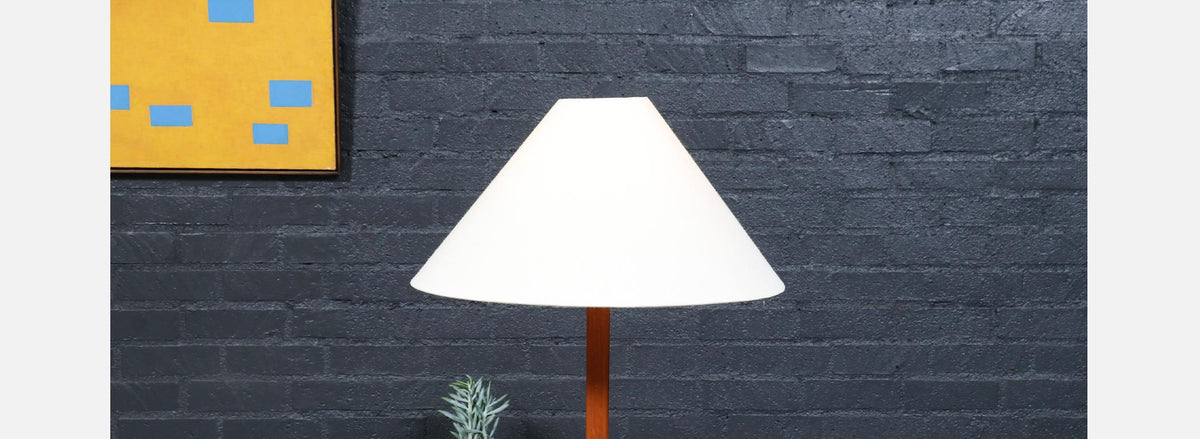 Danish Modern Sculptural Teak Floor Lamp w/ Linen Cone Shade