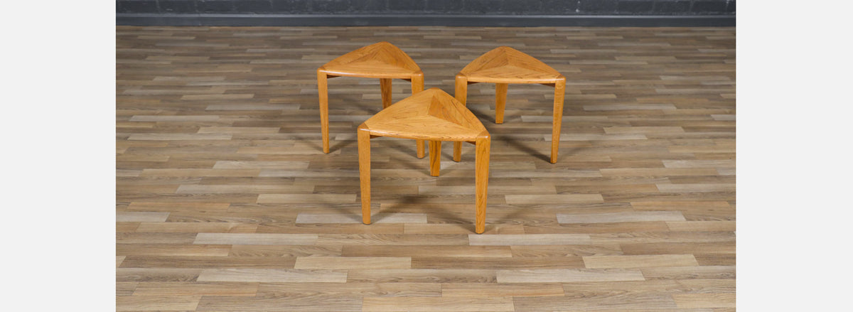 Mid-Century Modern Triangular Oak Tri-Leg Side Tables