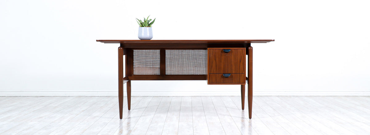 Finn Juhl Executive Walnut Desk with Caning for Baker Furniture