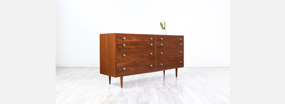 California Modern Walnut Dresser with Tulip Style Pulls by Milo Baughman