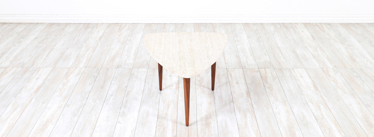 Mid-Century Modern Triangular Travertine Stone Top Side Table