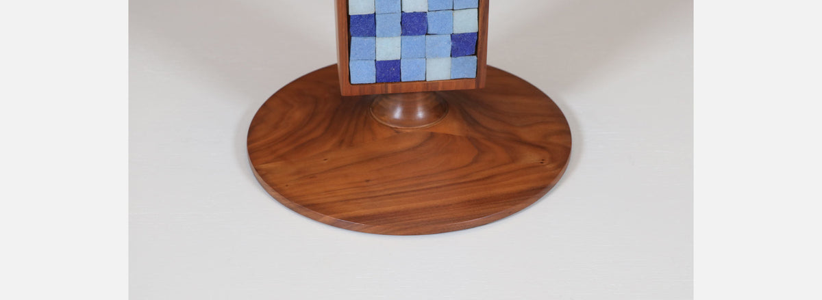 Mid-Century Modern Sculpted Walnut Table Lamp w/ Blue Mosaic Tiles