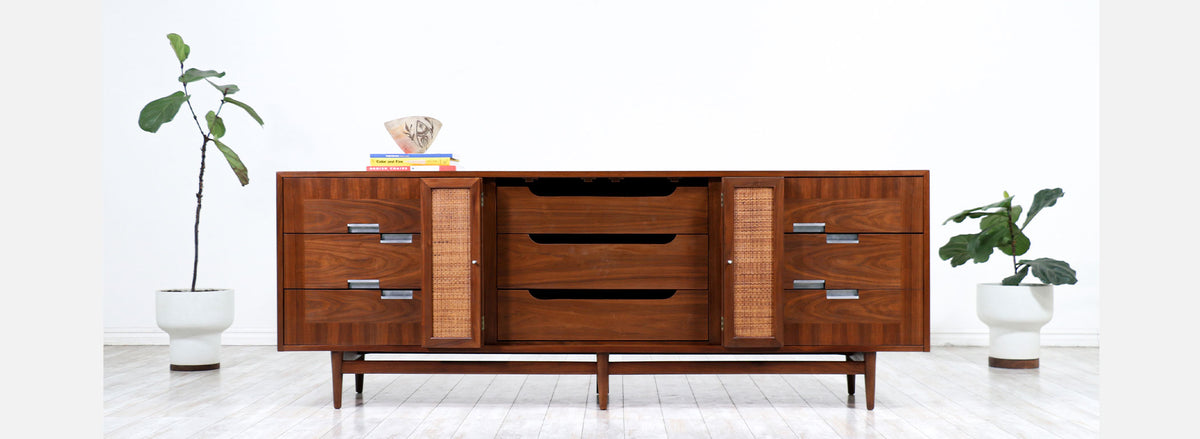 Merton Gershun Walnut & Cane Dresser with Bi-Folding Doors for American of Martinsville