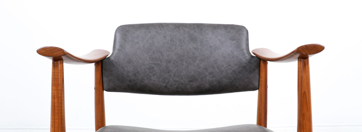 Norwegian Modern Sculpted Teak & Leather Arm Chairs by Gerhard Berg
