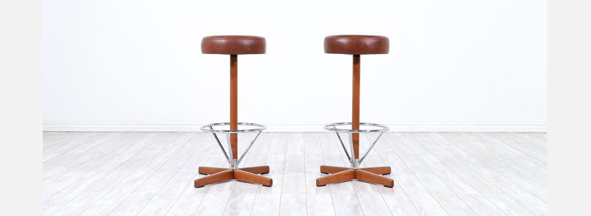 Borje Johanson Teak & Chrome Swivel Bar Stools for Johanson Design