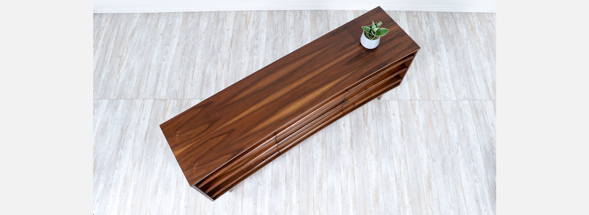 Mid-Century Modern Curved-Front Walnut Dresser by United Furniture