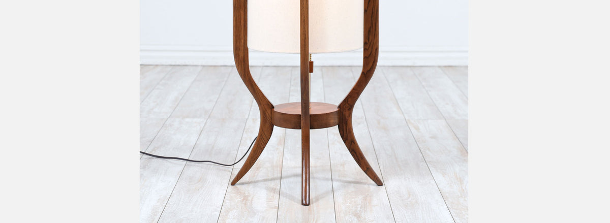 Mid-Century Modern Sculpted Walnut Floor Lamp with New Linen Shade