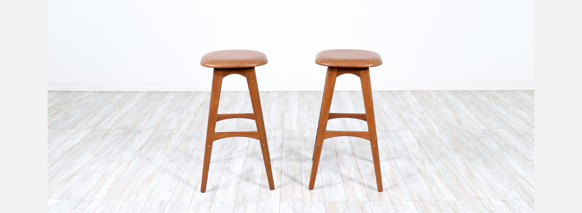 Pair of Erik Buch Teak & Tan Leather Bar Stools